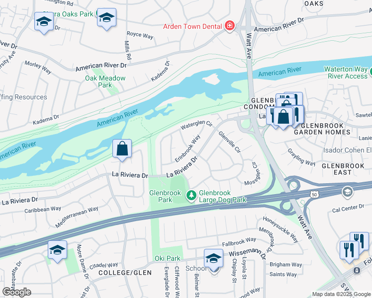 map of restaurants, bars, coffee shops, grocery stores, and more near 2249 Glencoe Way in Sacramento