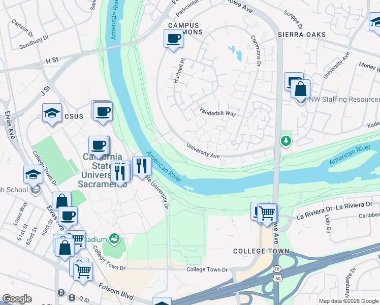 map of restaurants, bars, coffee shops, grocery stores, and more near 1025 University Avenue in Sacramento