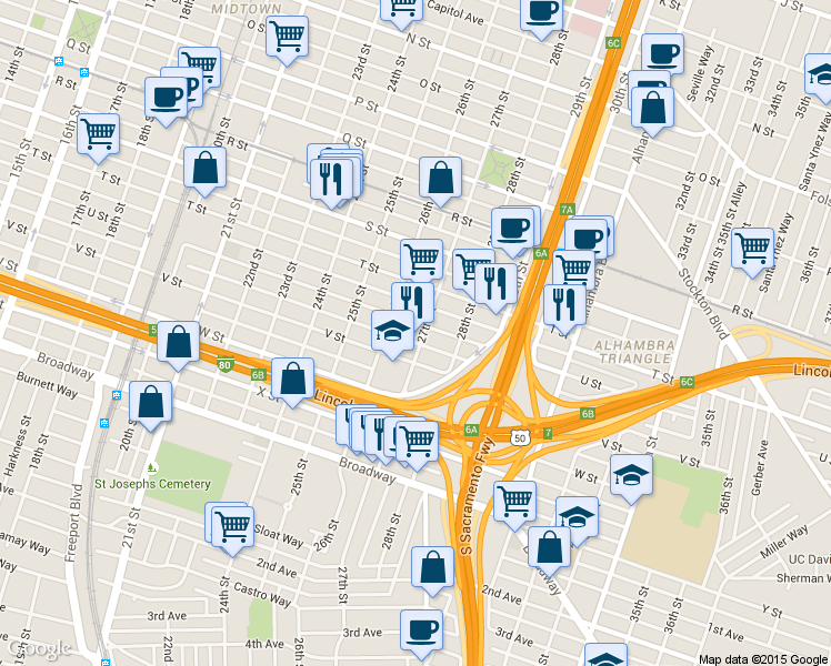 map of restaurants, bars, coffee shops, grocery stores, and more near 2100 27th Street in Sacramento