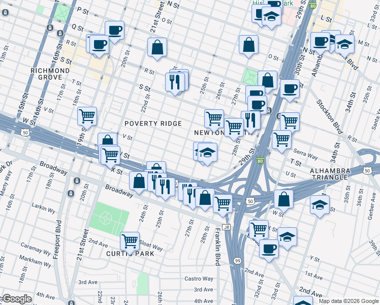 map of restaurants, bars, coffee shops, grocery stores, and more near 2114 26th Street in Sacramento