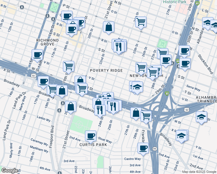 map of restaurants, bars, coffee shops, grocery stores, and more near 2330 V Street in Sacramento