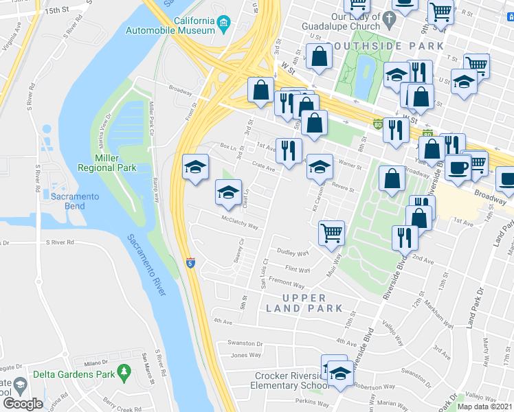 map of restaurants, bars, coffee shops, grocery stores, and more near 476 Tailoff Lane in Sacramento