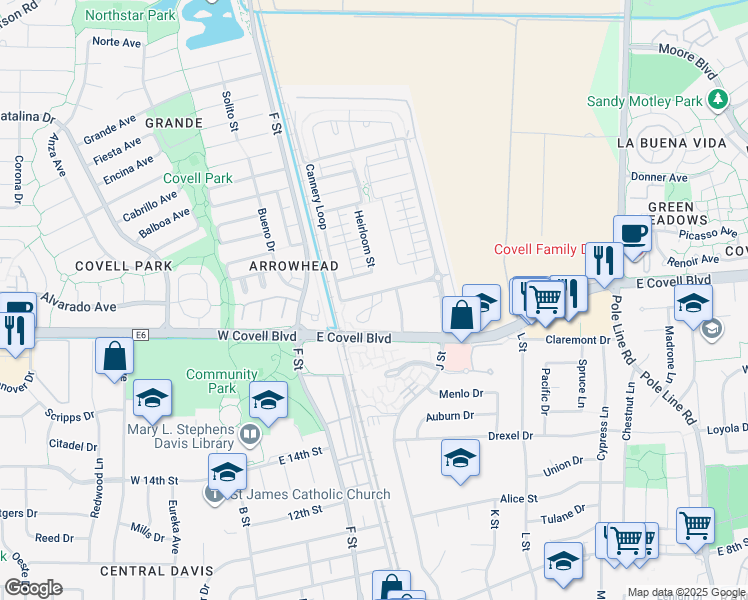 map of restaurants, bars, coffee shops, grocery stores, and more near 1515 Market Avenue in Davis
