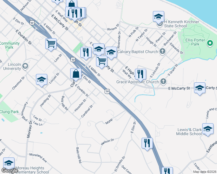 map of restaurants, bars, coffee shops, grocery stores, and more near 1328 E Miller St in Jefferson City