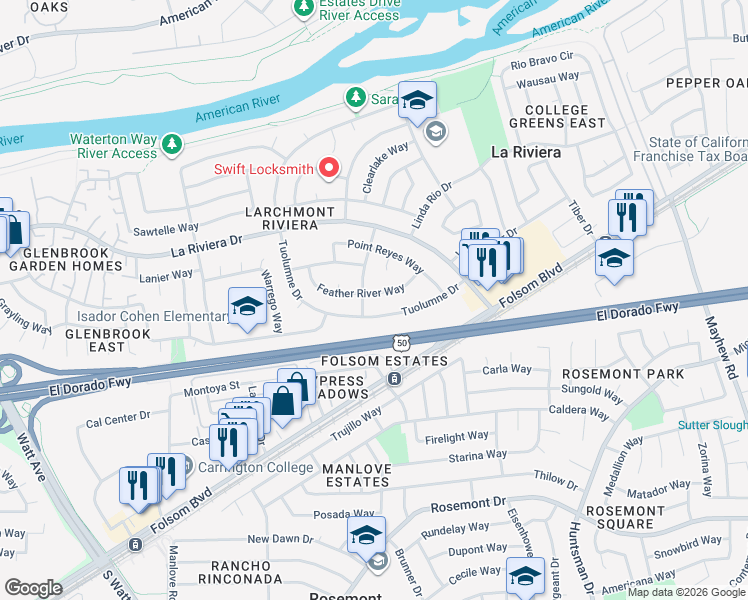 map of restaurants, bars, coffee shops, grocery stores, and more near 9104 Feather River Way in Sacramento