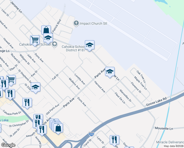map of restaurants, bars, coffee shops, grocery stores, and more near 1737 Harvest Avenue in Cahokia