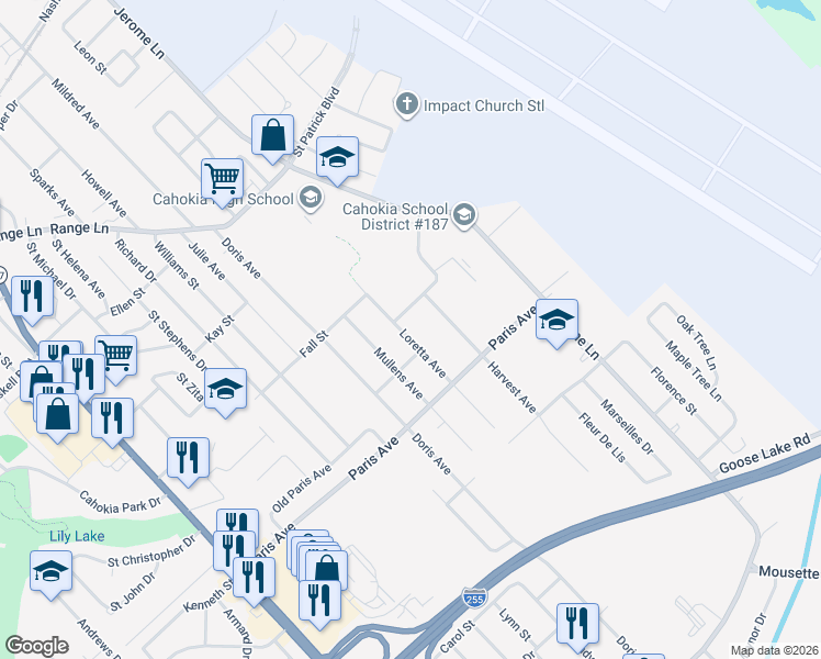 map of restaurants, bars, coffee shops, grocery stores, and more near 1709 Loretta Avenue in Cahokia