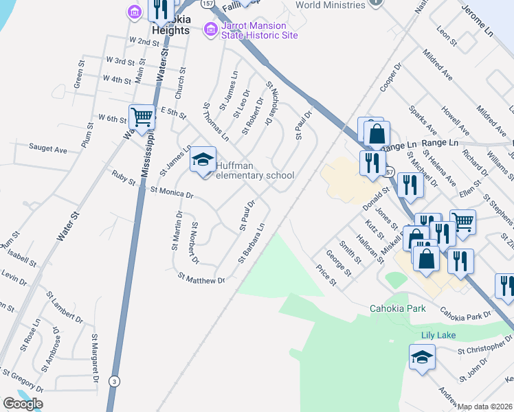 map of restaurants, bars, coffee shops, grocery stores, and more near 506 Saint Paul Drive in Cahokia