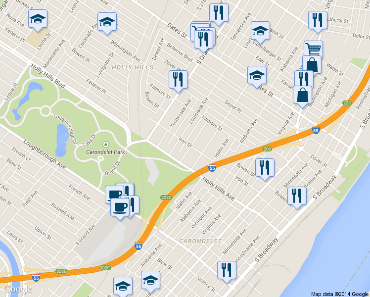 map of restaurants, bars, coffee shops, grocery stores, and more near 6309 Alaska Ave in St Louis