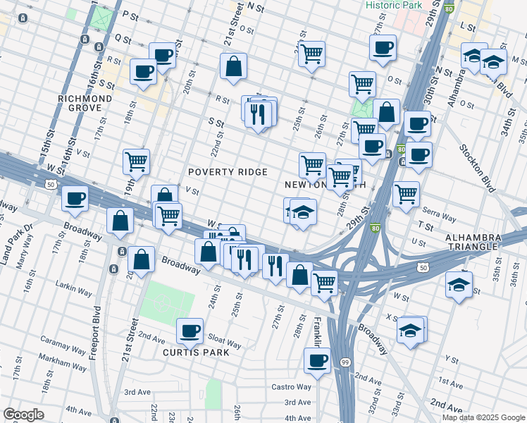 map of restaurants, bars, coffee shops, grocery stores, and more near 2431 V Street in Sacramento
