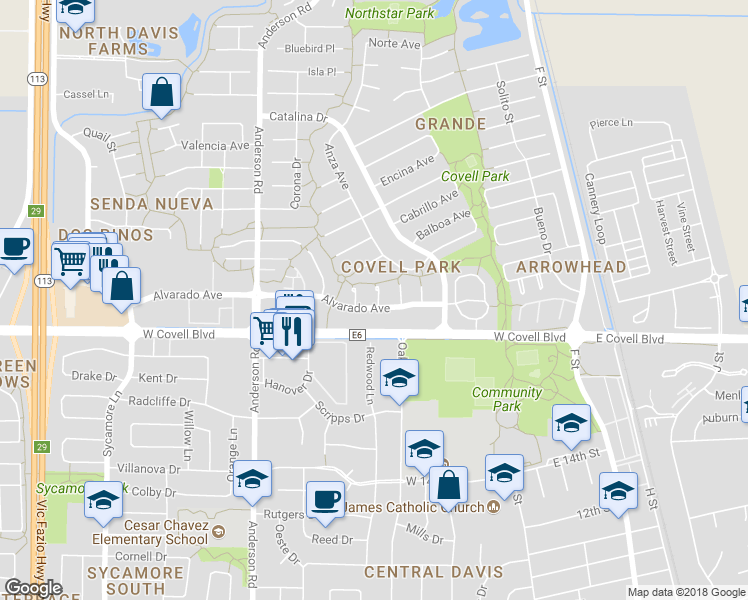 map of restaurants, bars, coffee shops, grocery stores, and more near 2107 Del Rey Court in Davis