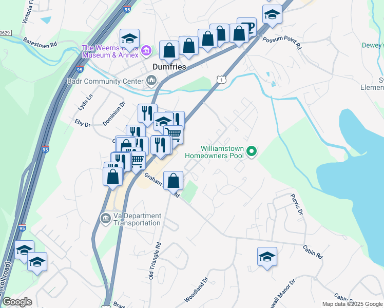 map of restaurants, bars, coffee shops, grocery stores, and more near 2337 McClellan Court in Dumfries