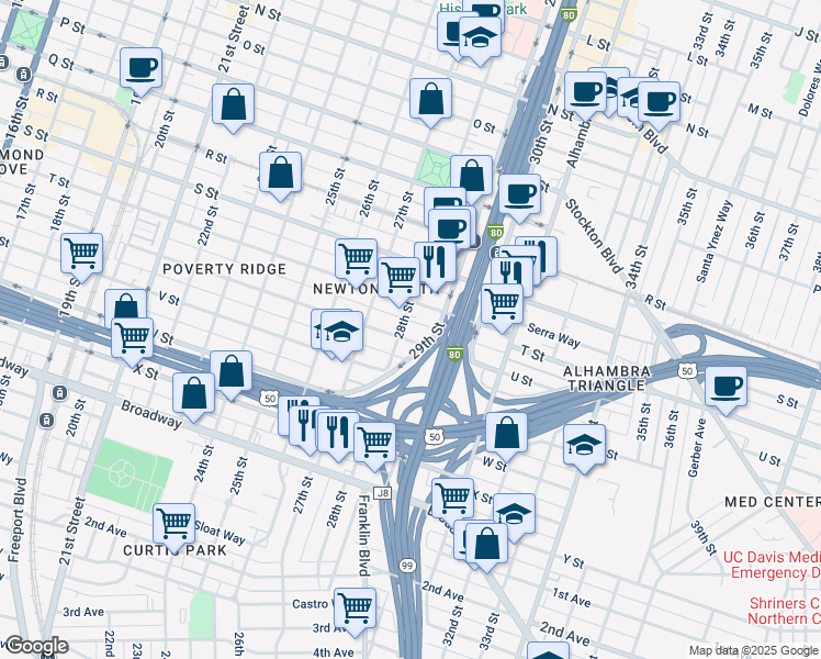 map of restaurants, bars, coffee shops, grocery stores, and more near 2025 28th Street in Sacramento