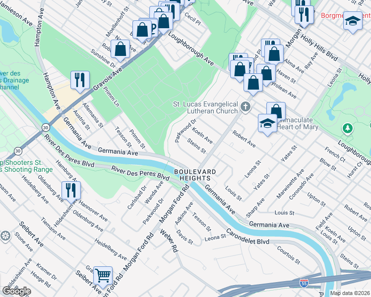 map of restaurants, bars, coffee shops, grocery stores, and more near 4333 Schirmer Street in St. Louis