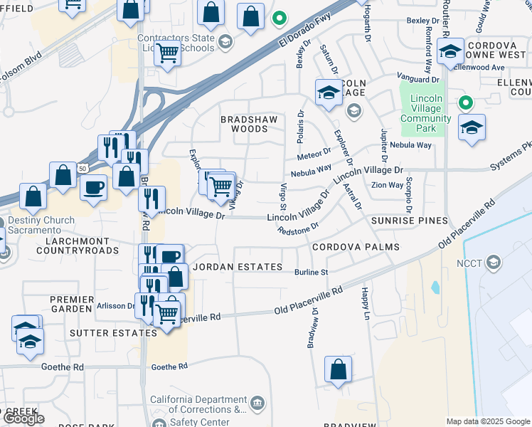 map of restaurants, bars, coffee shops, grocery stores, and more near 9845 Lincoln Village Drive in Sacramento