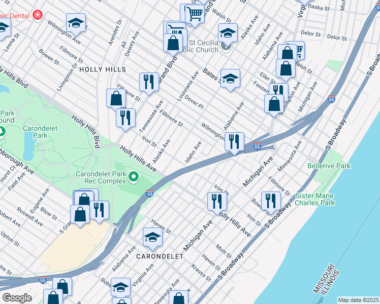 map of restaurants, bars, coffee shops, grocery stores, and more near 6139 Idaho Avenue in St. Louis