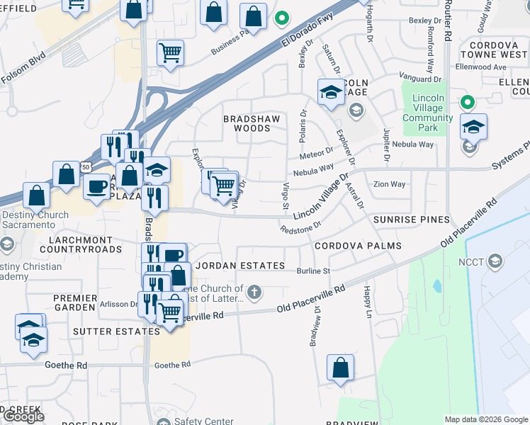 map of restaurants, bars, coffee shops, grocery stores, and more near 9845 Lincoln Village Drive in Sacramento
