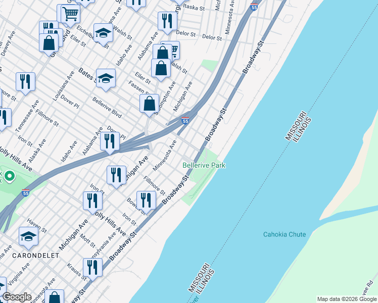 map of restaurants, bars, coffee shops, grocery stores, and more near 5612 Pennsylvania Avenue in St. Louis