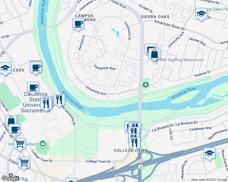 map of restaurants, bars, coffee shops, grocery stores, and more near 1113 Dunbarton Circle in Sacramento