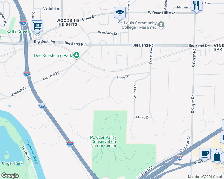 map of restaurants, bars, coffee shops, grocery stores, and more near 3 Lemp Road in Kirkwood