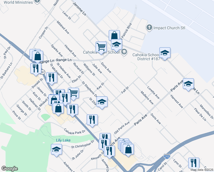 map of restaurants, bars, coffee shops, grocery stores, and more near 1305 Williams Street in Cahokia