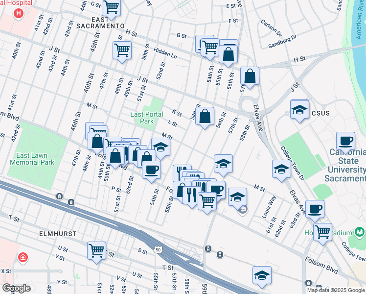map of restaurants, bars, coffee shops, grocery stores, and more near 1301 54th Street in Sacramento