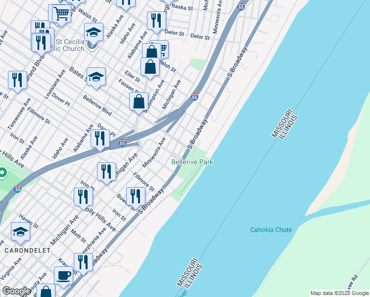 map of restaurants, bars, coffee shops, grocery stores, and more near 5612 Pennsylvania Avenue in St. Louis