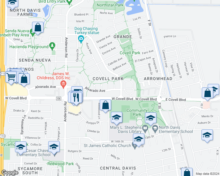 map of restaurants, bars, coffee shops, grocery stores, and more near 525 Alvarado Avenue in Davis