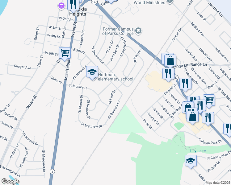 map of restaurants, bars, coffee shops, grocery stores, and more near 506 Saint Paul Drive in Cahokia