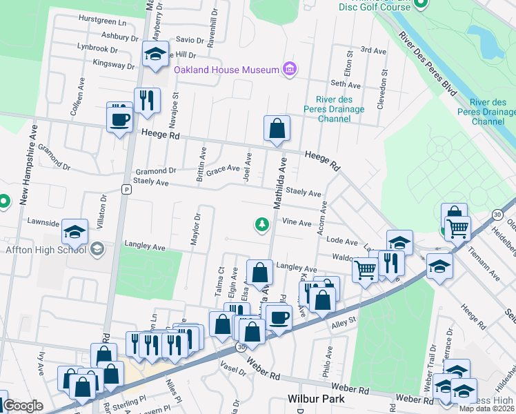 map of restaurants, bars, coffee shops, grocery stores, and more near 5630 Willard Avenue in Affton