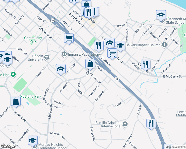 map of restaurants, bars, coffee shops, grocery stores, and more near 1209 East Dunklin Street in Jefferson City