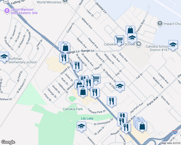 map of restaurants, bars, coffee shops, grocery stores, and more near 1206 Saint Michael Drive in Cahokia