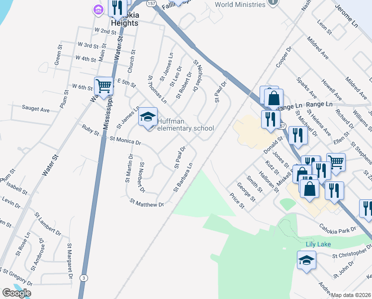 map of restaurants, bars, coffee shops, grocery stores, and more near 506 Saint Paul Drive in Cahokia