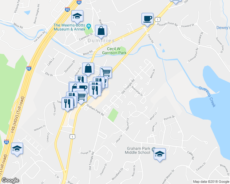 map of restaurants, bars, coffee shops, grocery stores, and more near 2335 McClellan Court in Dumfries
