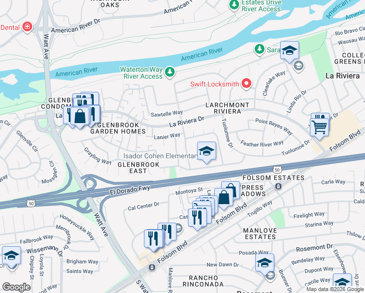 map of restaurants, bars, coffee shops, grocery stores, and more near 2630 Waterton Way in Sacramento