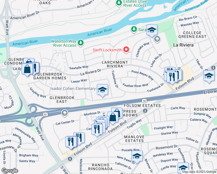 map of restaurants, bars, coffee shops, grocery stores, and more near 2600 Warrego Way in Sacramento