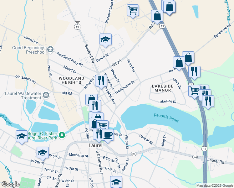 map of restaurants, bars, coffee shops, grocery stores, and more near 106 Washington Street in Laurel