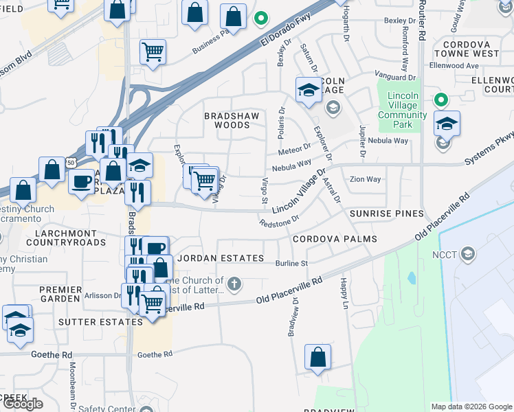 map of restaurants, bars, coffee shops, grocery stores, and more near 9845 Lincoln Village Drive in Sacramento