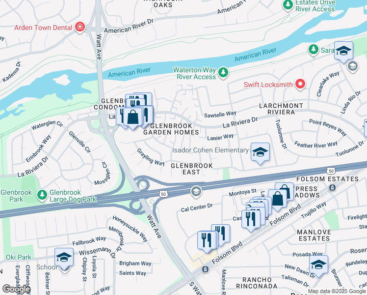 map of restaurants, bars, coffee shops, grocery stores, and more near 8891 Salmon Falls Drive in Sacramento