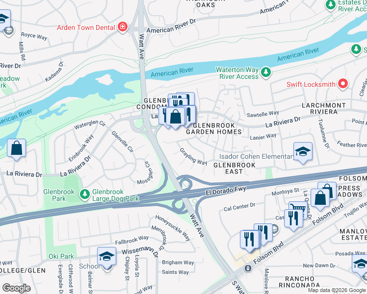 map of restaurants, bars, coffee shops, grocery stores, and more near 8716 Barracuda Way in Sacramento