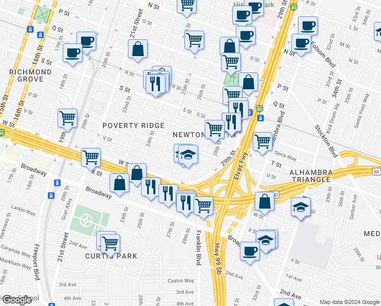 map of restaurants, bars, coffee shops, grocery stores, and more near 2100 27th Street in Sacramento