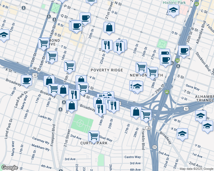 map of restaurants, bars, coffee shops, grocery stores, and more near 2214 23rd Street in Sacramento