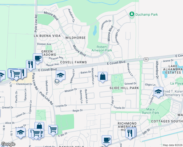 map of restaurants, bars, coffee shops, grocery stores, and more near 1706 Manzanita Lane in Davis