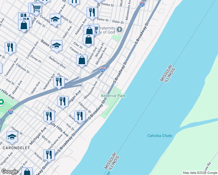 map of restaurants, bars, coffee shops, grocery stores, and more near in St. Louis
