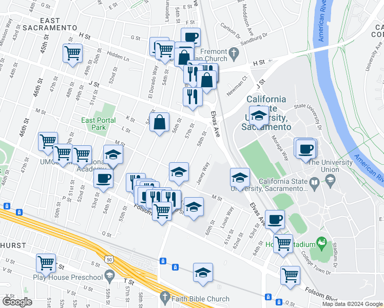map of restaurants, bars, coffee shops, grocery stores, and more near 1124 58th Street in Sacramento