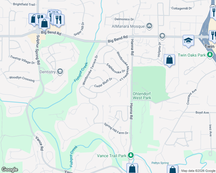 map of restaurants, bars, coffee shops, grocery stores, and more near 1467 Westbrooke Meadows Lane in Ballwin