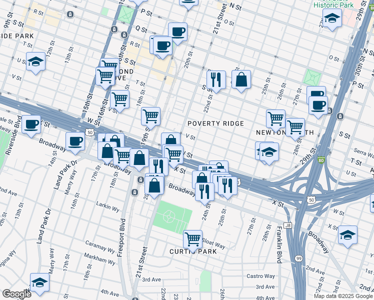 map of restaurants, bars, coffee shops, grocery stores, and more near 2220 22nd Street in Sacramento