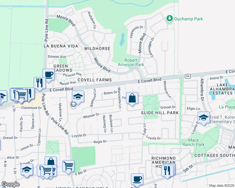 map of restaurants, bars, coffee shops, grocery stores, and more near 1706 Manzanita Lane in Davis