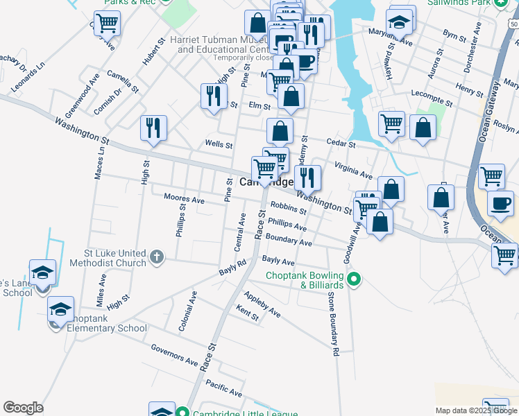 map of restaurants, bars, coffee shops, grocery stores, and more near 905 Race Street in Cambridge