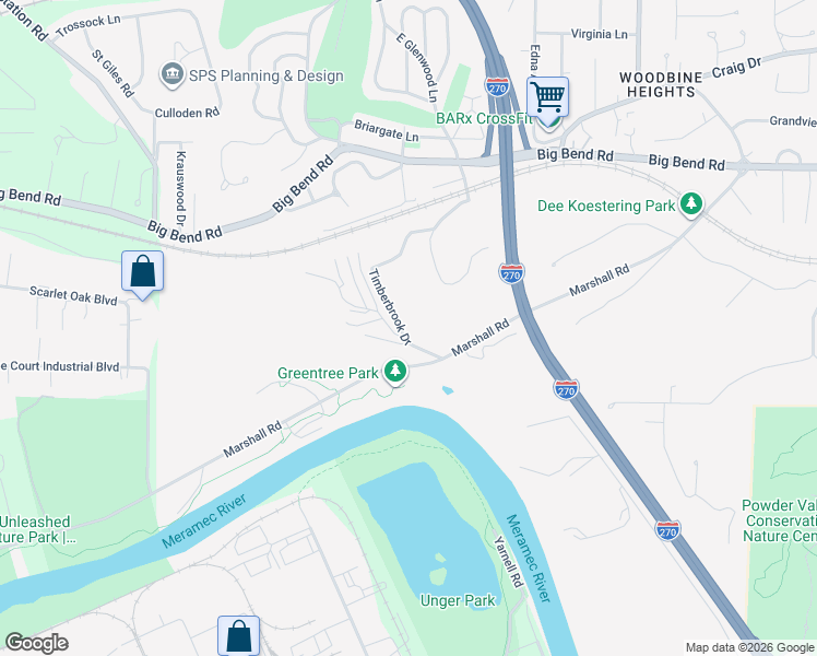 map of restaurants, bars, coffee shops, grocery stores, and more near 1430 Timberbrook Drive in Kirkwood
